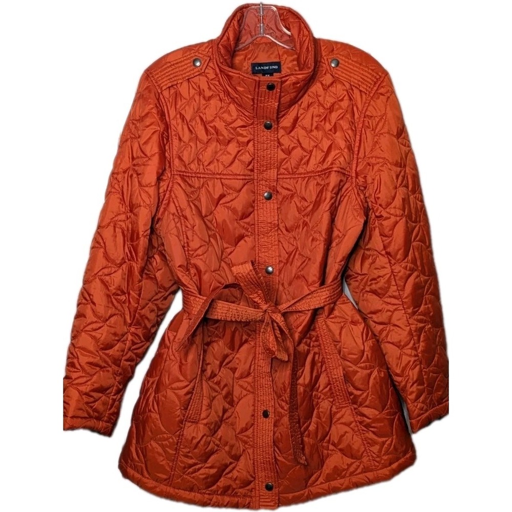 Lands End Womens OX / 14W Plus Orange Quilted‎ Belted Puffer Coat Jacket Fall